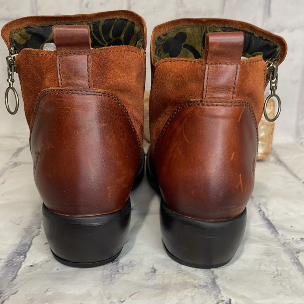 Fly London Meli Ankle Boots Brown Leather and Suede Upper with Ring Zipper Pull